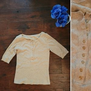 Faded Glory Ribbed 3/4 sleeve cream/beige blouse, partial button front, Size M